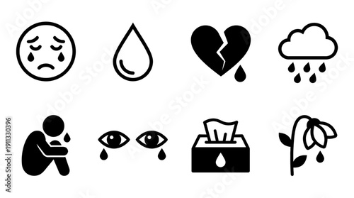 sad crying , black vector icon set collection , white background , SVG and PNG