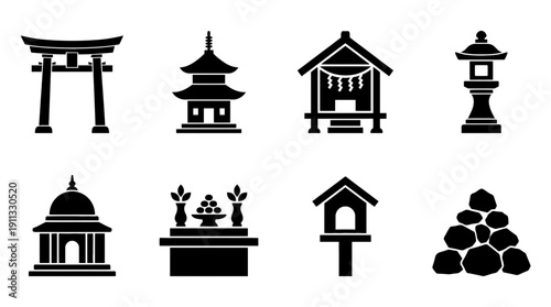 shrine , black vector icon set collection , white background , SVG and PNG