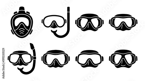 snorkel mask , black vector icon set collection , white background , SVG and PNG