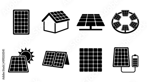 solar panel array , black vector icon set collection , white background , SVG and PNG