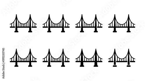 suspension bridge , black vector icon set collection , white background , SVG and PNG