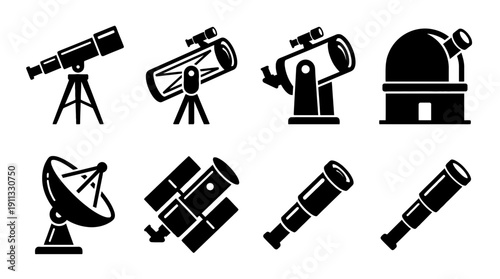 telescope , black vector icon set collection , white background , SVG and PNG