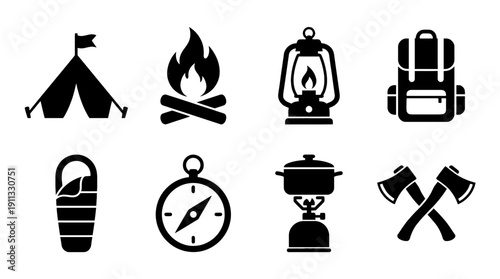 tent camping , black vector icon set collection , white background , SVG and PNG