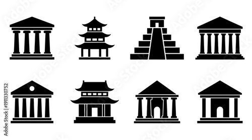 temple , black vector icon set collection , white background , SVG and PNG