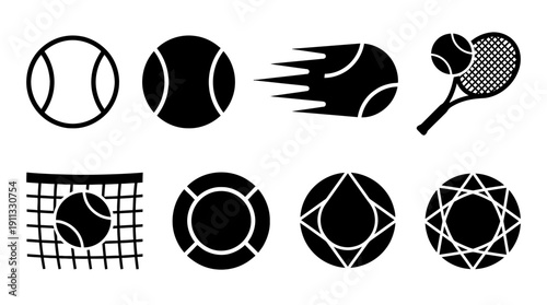 tennis ball , black vector icon set collection , white background , SVG and PNG