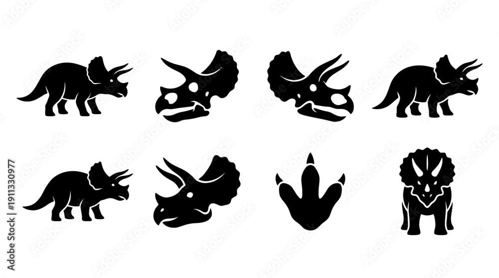 Obraz premium triceratops , black vector icon set collection , white background , SVG and PNG