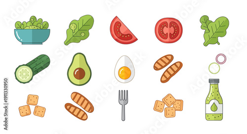 Salad Ingredients: Fresh Vegetables Egg Avocado Croutons and Dressing for a Healthy Meal.