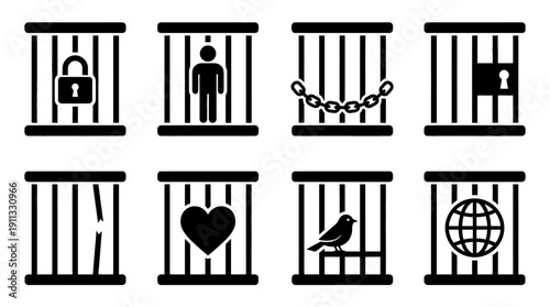 trapped cage , black vector icon set collection , white background , SVG and PNG