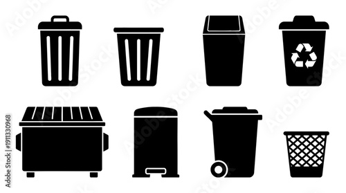 trash bin , black vector icon set collection , white background , SVG and PNG