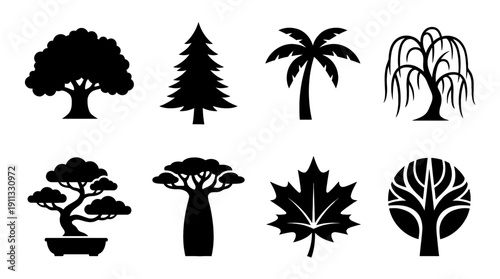 tree , black vector icon set collection , white background , SVG and PNG