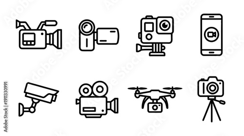 video camera , black vector icon set collection , white background , SVG and PNG