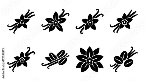vanilla pod , black vector icon set collection , white background , SVG and PNG