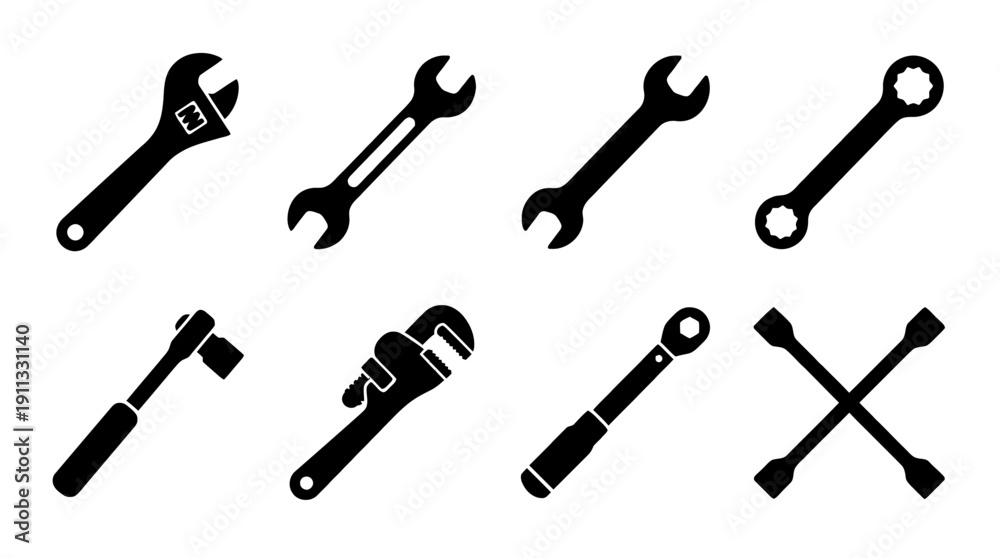 Naklejka premium wrench spanner , black vector icon set collection , white background , SVG and PNG