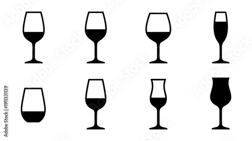 wine tasting glass , black vector icon set collection , white background , SVG and PNG