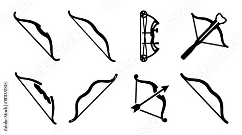 archery bow , black vector icon set collection , white background , SVG and PNG