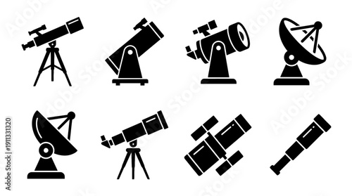 astronomy telescope , black vector icon set collection , white background , SVG and PNG