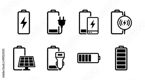 battery charging , black vector icon set collection , white background , SVG and PNG