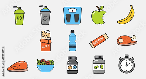 Assortment of Healthy Food Drink and Fitness Icons.