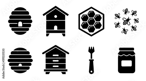 beehive , black vector icon set collection , white background , SVG and PNG