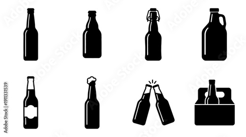 beer bottle , black vector icon set collection , white background , SVG and PNG
