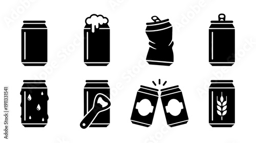 beer can , black vector icon set collection , white background , SVG and PNG