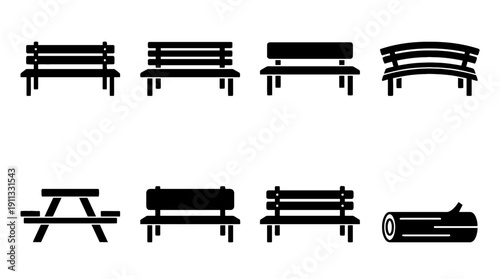 bench , black vector icon set collection , white background , SVG and PNG