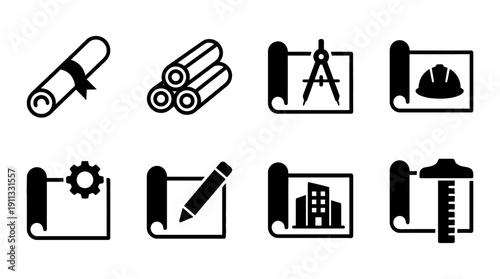 blueprint roll , black vector icon set collection , white background , SVG and PNG
