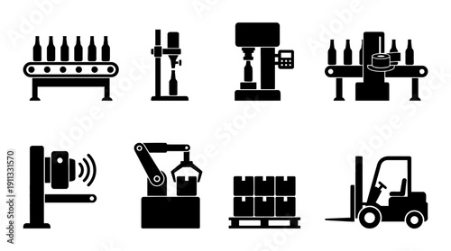 bottling line , black vector icon set collection , white background , SVG and PNG