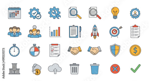 Colorful Hand-Drawn Business and Management Icon Set.
