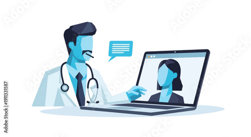 Doctor consulting patient remotely via video call on laptop screen.