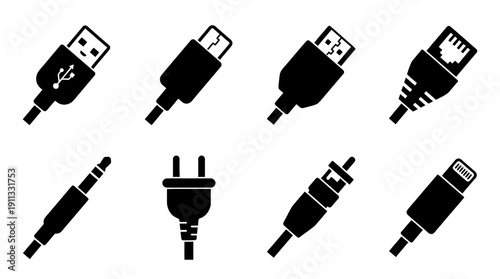 cable connector , black vector icon set collection , white background , SVG and PNG