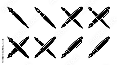 calligraphy pen , black vector icon set collection , white background , SVG and PNG
