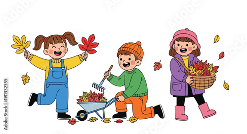 Three happy children are engaged in various autumn outdoor activities, collecting colorful leaves and raking them into a wheelbarrow and basket.