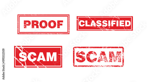 Red Stamp Labels Collection – Proof, Classified, Scam Warning Text Graphics