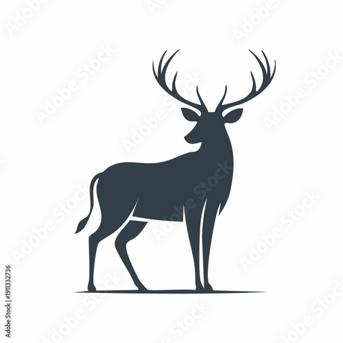Majestic Stag Silhouette Standing Proudly with Antlers and Hooves on White Background