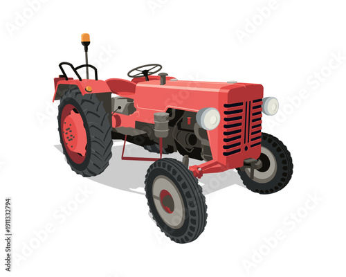 Red Vintage Farm Tractor. Detailed Flat Vector Illustration