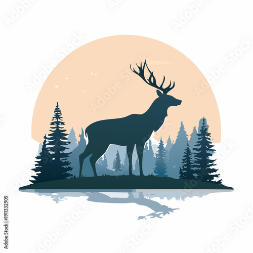 Majestic deer silhouette standing proudly amidst a serene forest landscape, illuminated by a warm sun, with a tranquil water reflection below