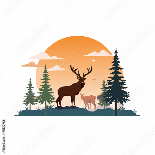 Majestic Deer Silhouette in a Serene Forest Landscape at Sunset