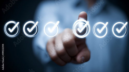Human Finger Touching a Glowing Digital Checkbox Icon for Decision Making Concept Validation

