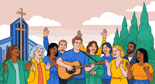 A group of people from diverse backgrounds gathered together in a celebratory scene.