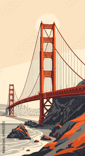 A vibrant depiction of the golden gate bridge in a pixel art style, showcasing its iconic orange color and suspension design.