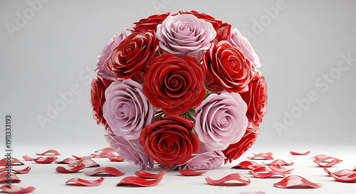 3D rendered floral sphere of red and pink roses with scattered petals on a clean white background for Valentine's Day or romantic celebration