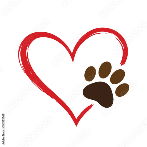 A vector line illustration of a heart shape with dog paw footprints along the edges, representing love for dogs, pet lover lifestyle, animal friendship bond, and cute emotional pet theme concept.