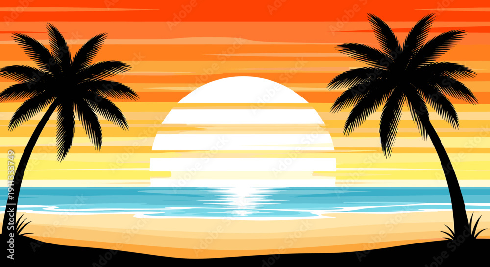 Fototapeta premium A serene pixelated beach scene with palm trees and a vibrant sunset.