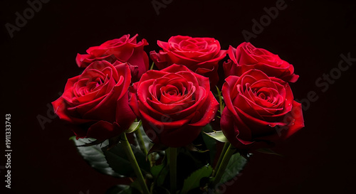 Bouquet of fresh red roses with dark green leaves isolated on a black background for romantic Valentine's Day or anniversary gift
