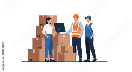 Warehouse staff discussing inventory with cardboard boxes in the background.