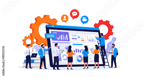 A team collaborating around a large digital tablet with various icons and gears in the background.