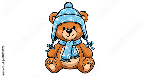 A pixelated teddy bear wearing a blue hat and scarf is sitting.