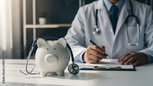 Doctor with piggy bank and stethoscope symbolizes healthcare costs