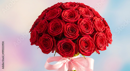 Dome shaped bouquet of fresh red roses tied with a light pink satin ribbon bow on a soft pastel bokeh background for Valentine's Day or wedding